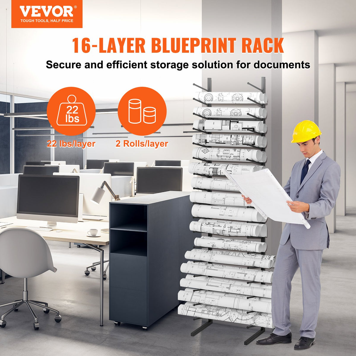 16-Tier Wall-Mount Blueprint Storage Rack for Rolled Plans and Posters – image 2