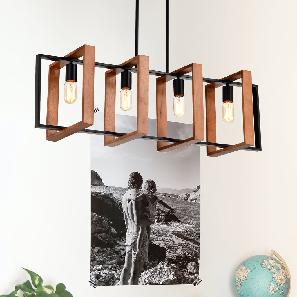 4-Light Farmhouse Kitchen Island Pendant Wood and Black 36 In