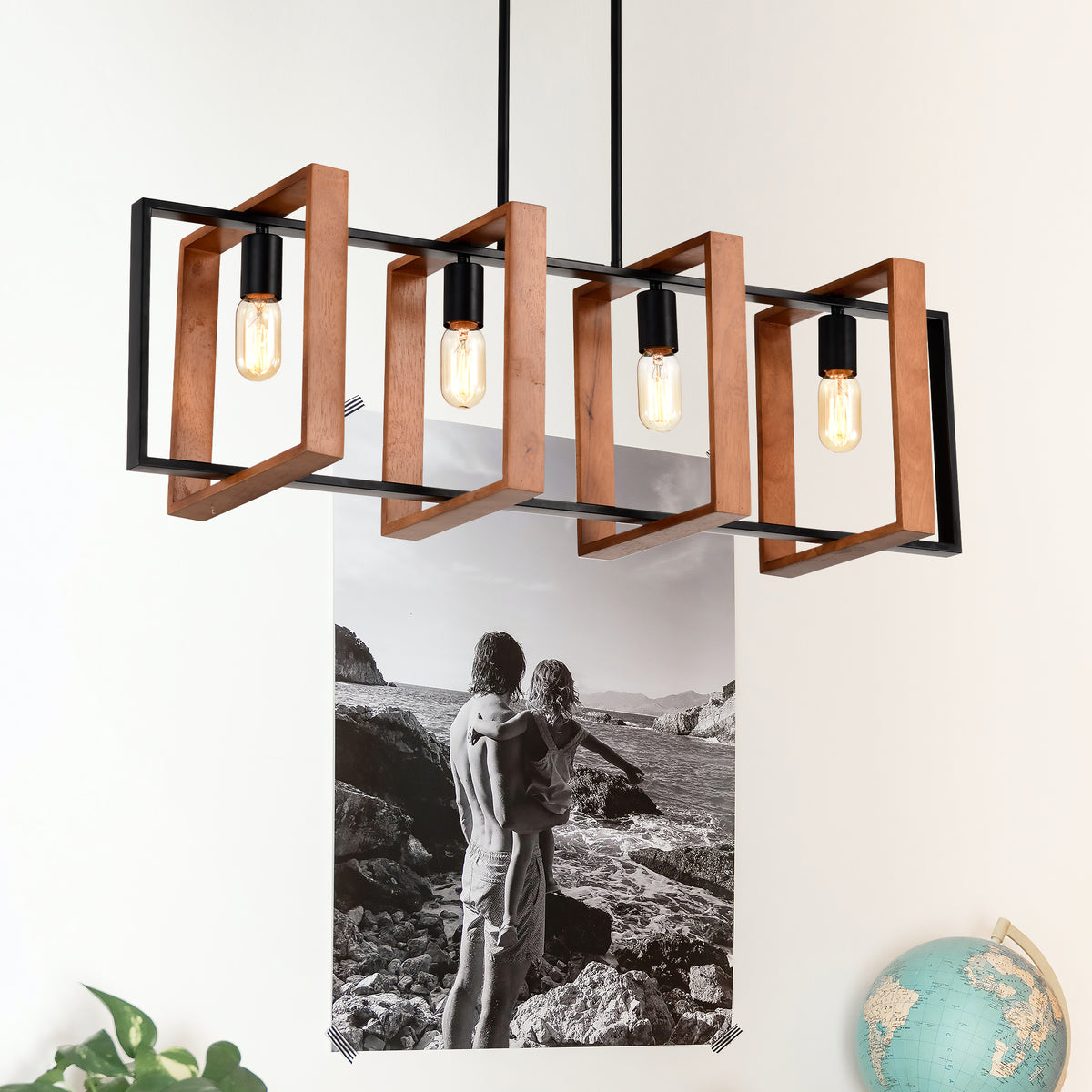 4-Light Farmhouse Kitchen Island Pendant Wood and Black 36 In