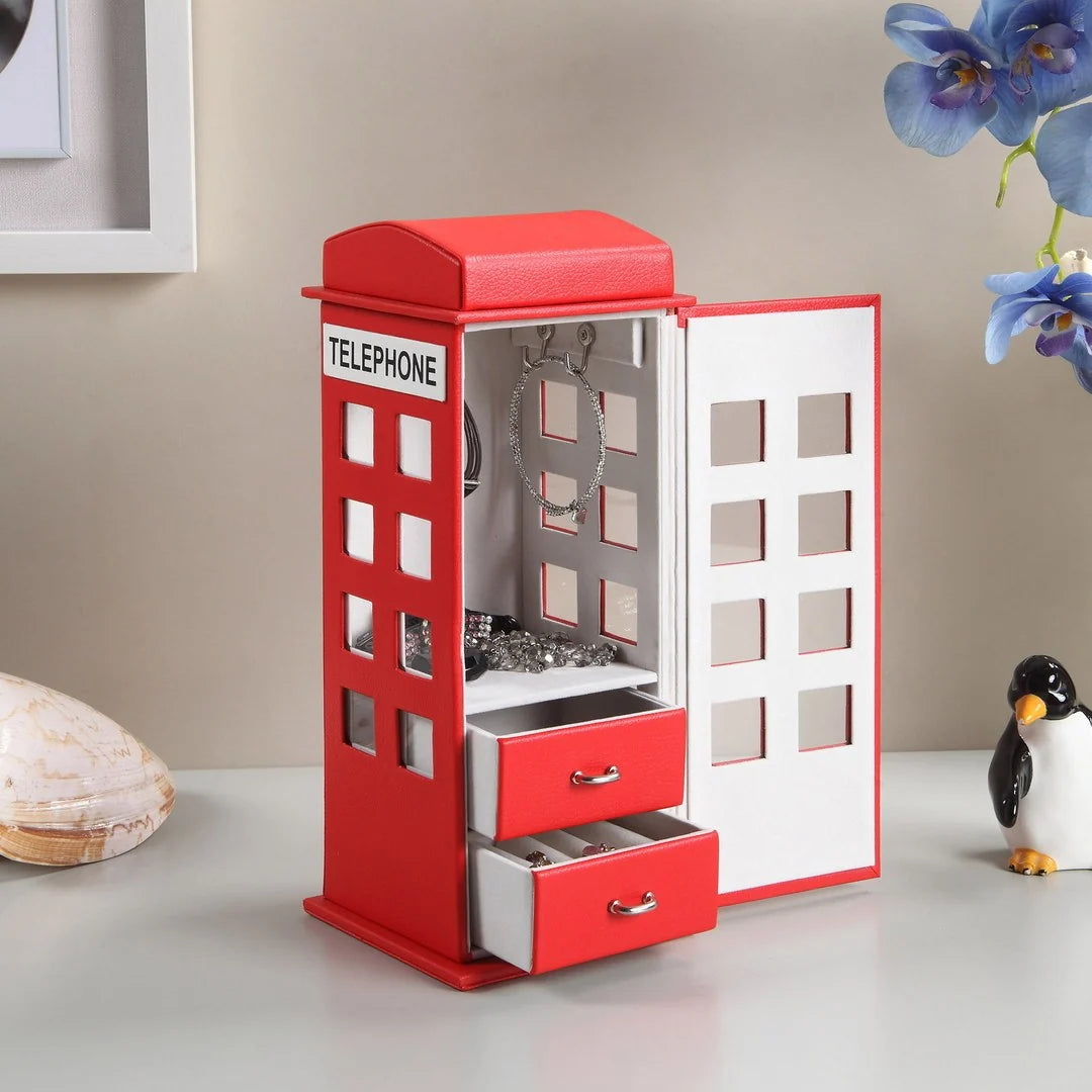 Leather Jewelry Box 11.5 in Tall, Red Telephone Booth Design – image 4