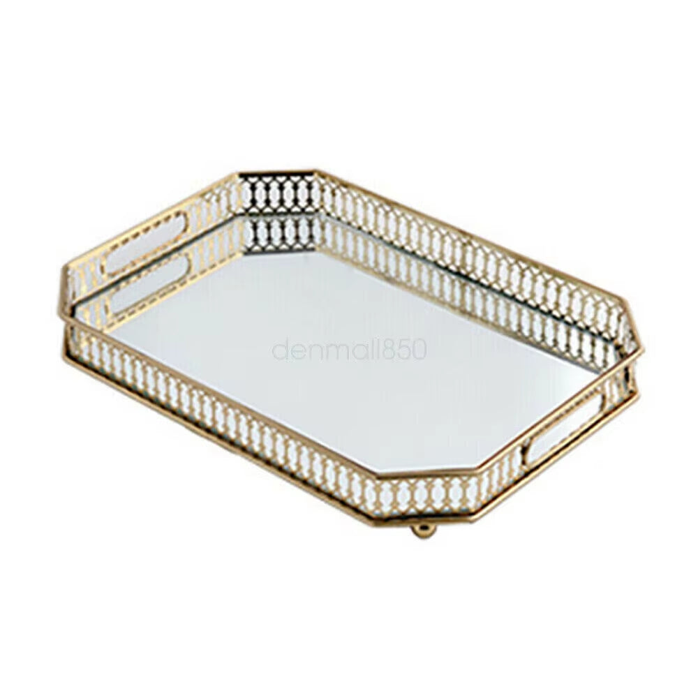 Gold Mirrored Vanity Tray, 13.8 x 9.8 In Metal Decorative Organizer