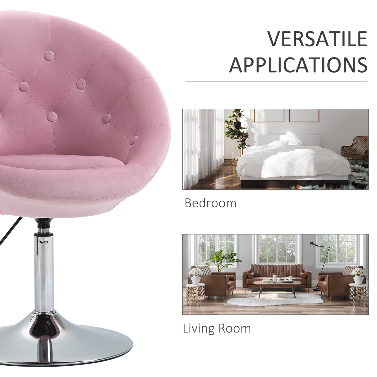 Pink Tufted Swivel Vanity Chair with Chrome Base, Height Adjustable – image 4