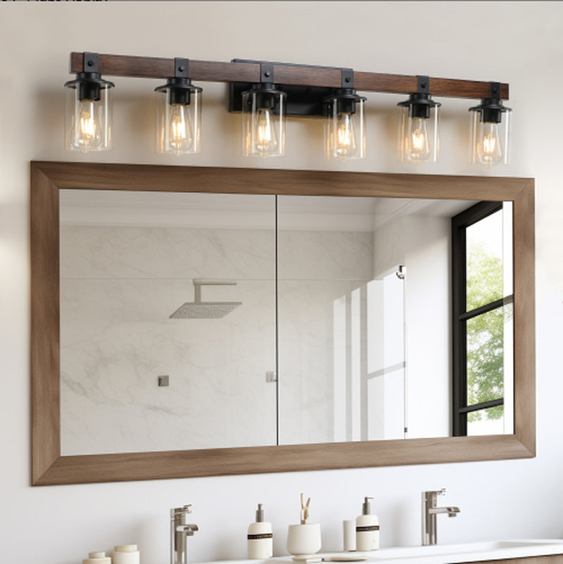 42 Inch Rustic 6-Light Vanity Light with Glass Shades and Wood Accent – image 1