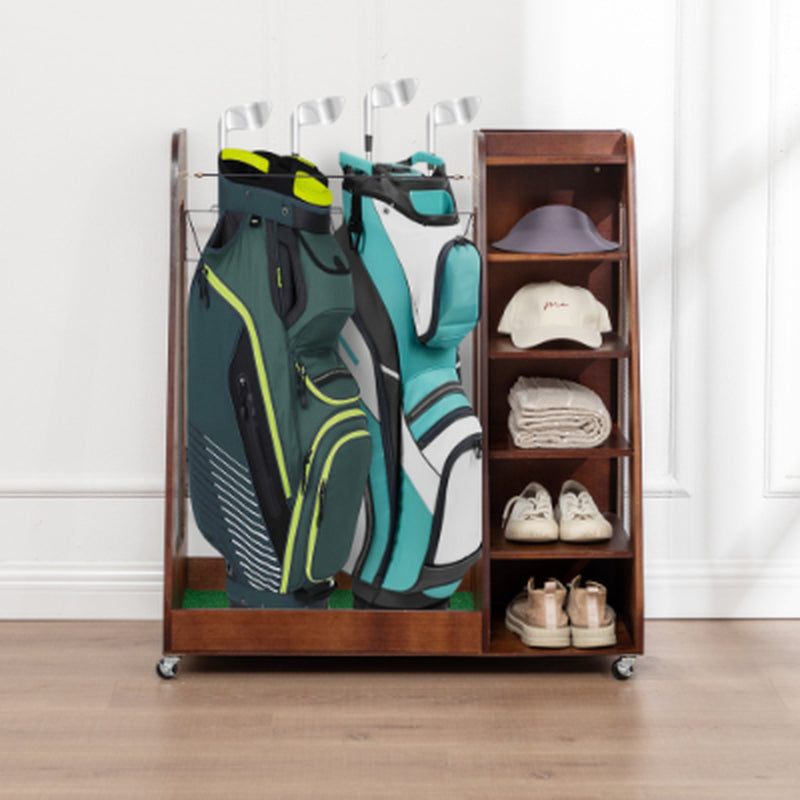 Wooden Golf Bag Organizer for 2 Bags With Shoe Shelves – image 3