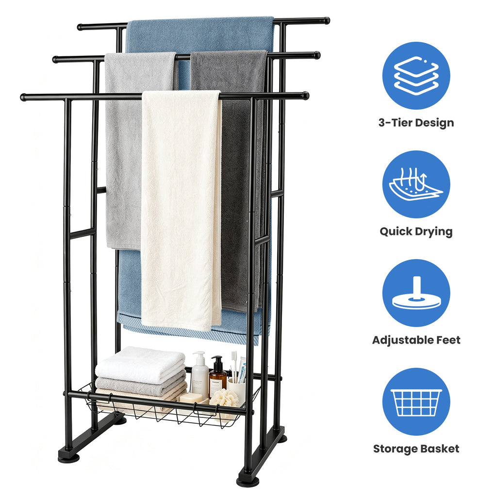 3-Tier Freestanding Towel Rack with Storage Basket, Black – image 2