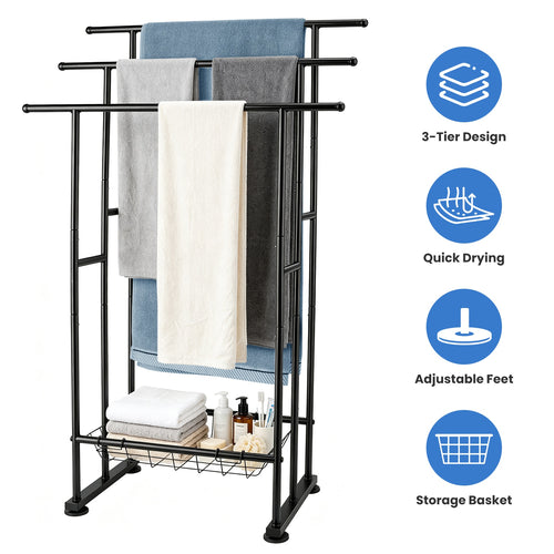 3-Tier Freestanding Towel Rack with Storage Basket, Black – image 2