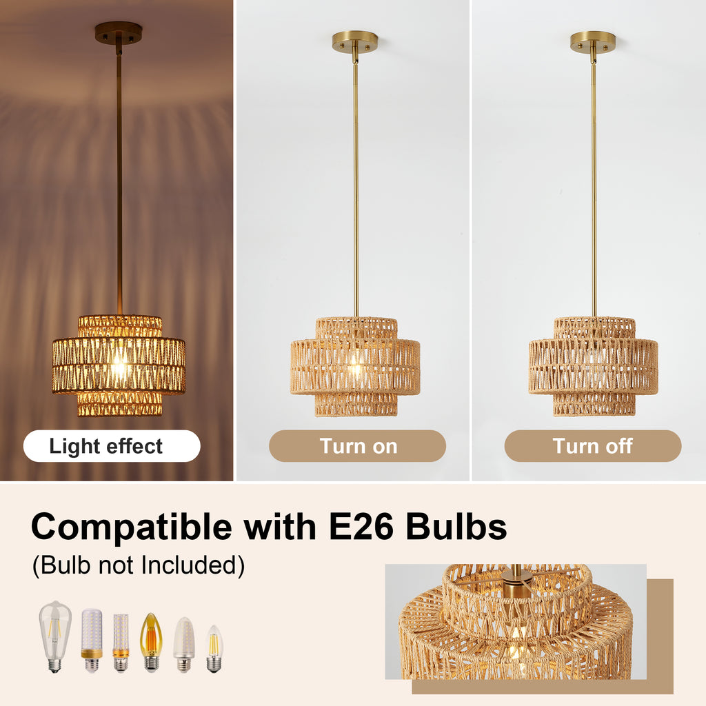 Boho Rattan Pendant Light Hand Woven 12.6 Inch Hanging Fixture