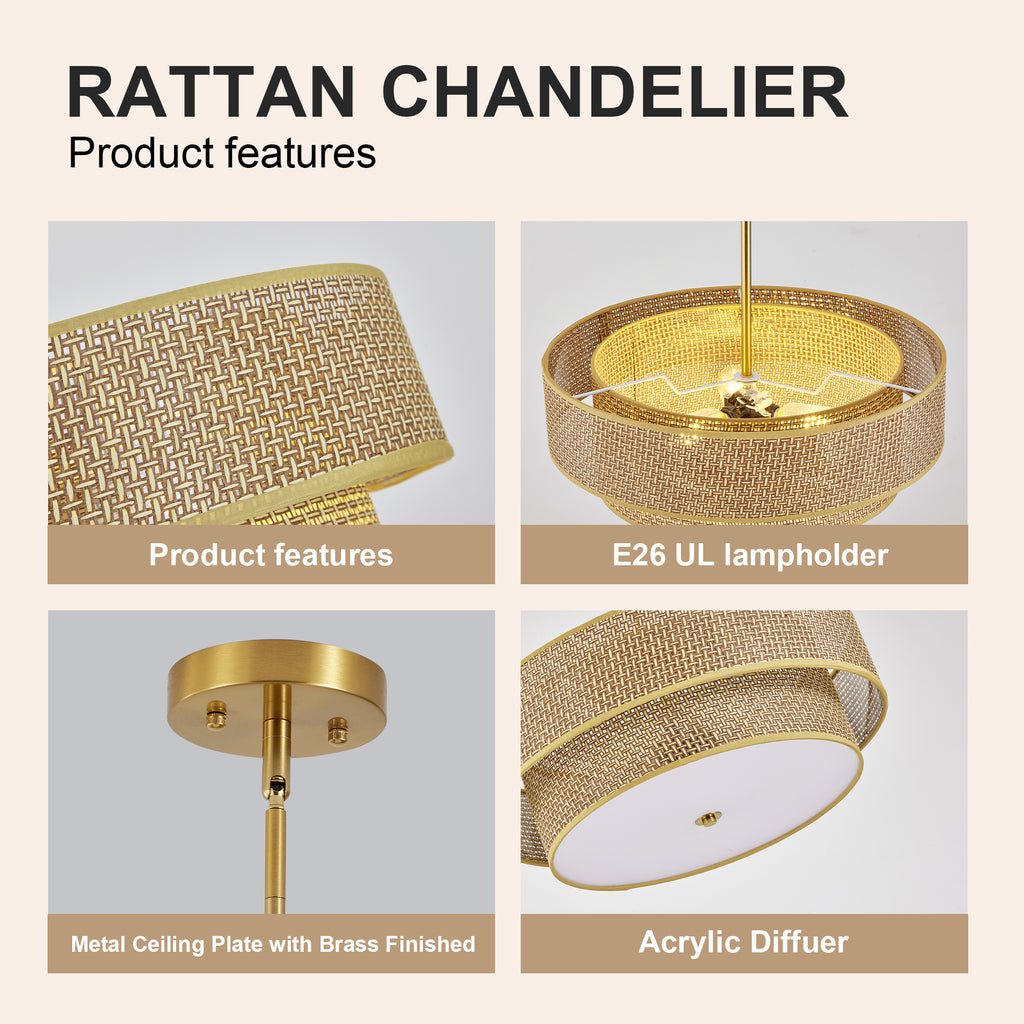 17.7 Inch Rattan & Linen Semi Flush Mount Ceiling Light, Boho Drum
