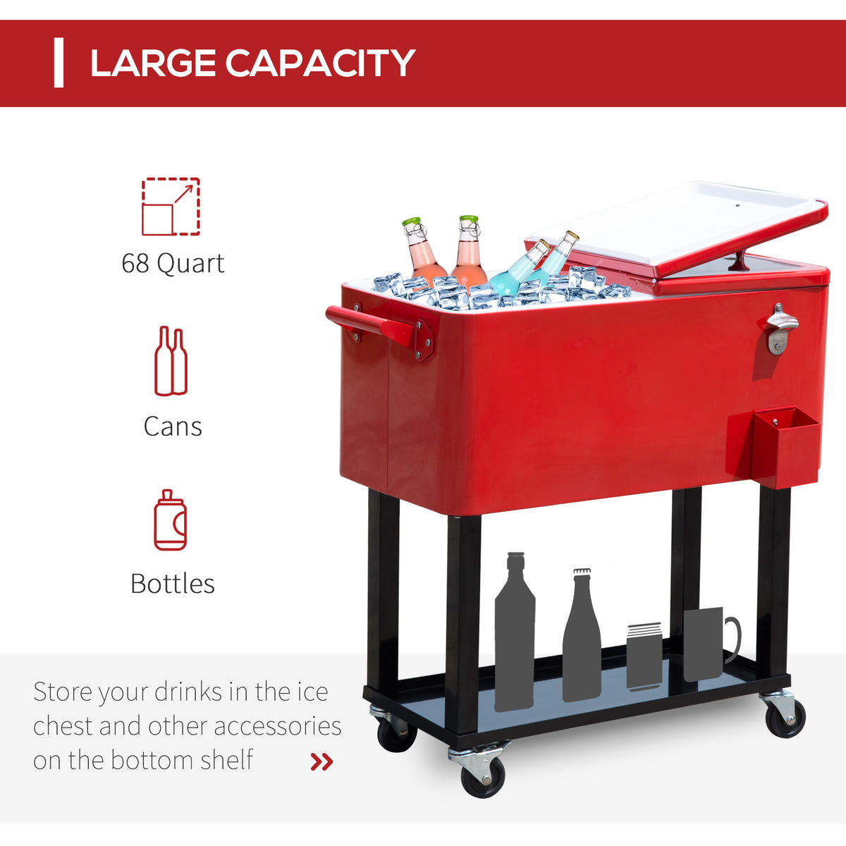 Rolling Cooler Cart 80 Qt, Stand-Up Ice Chest on Wheels, Red – image 4