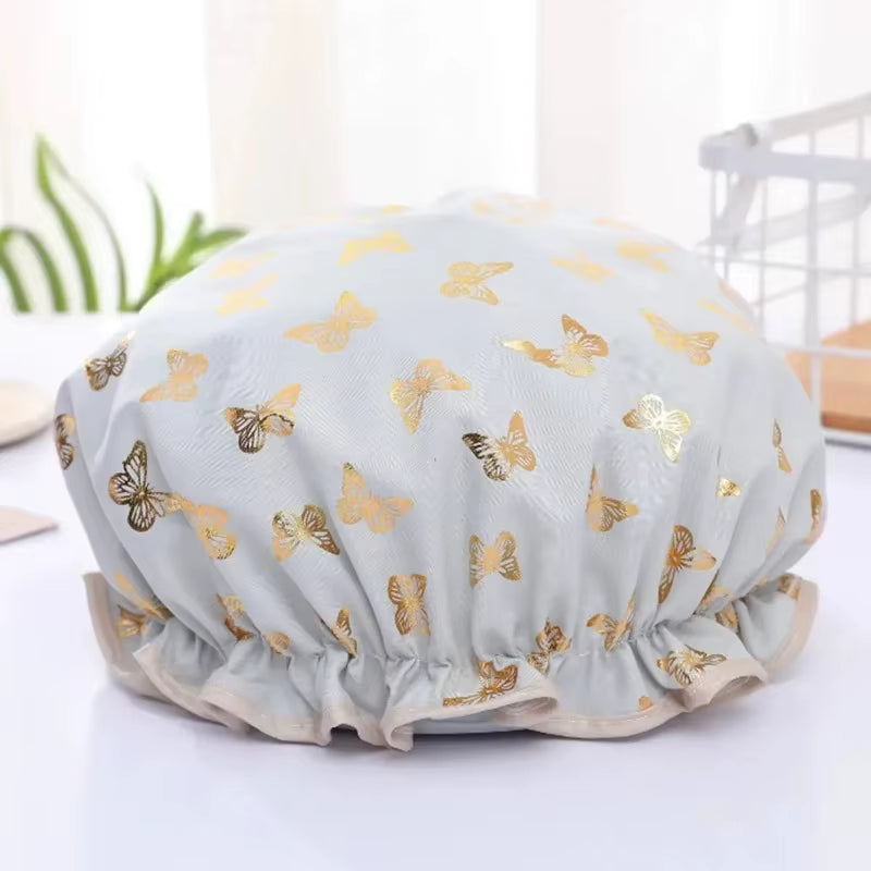 Shower Cap Double Layer Waterproof with Gold Print