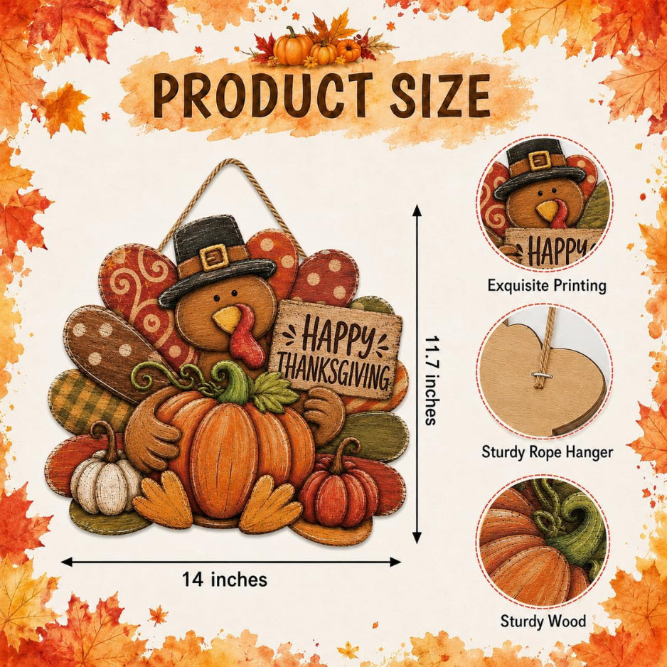 Happy Thanksgiving Door Sign, Wooden Turkey and Pumpkin Decor – image 5