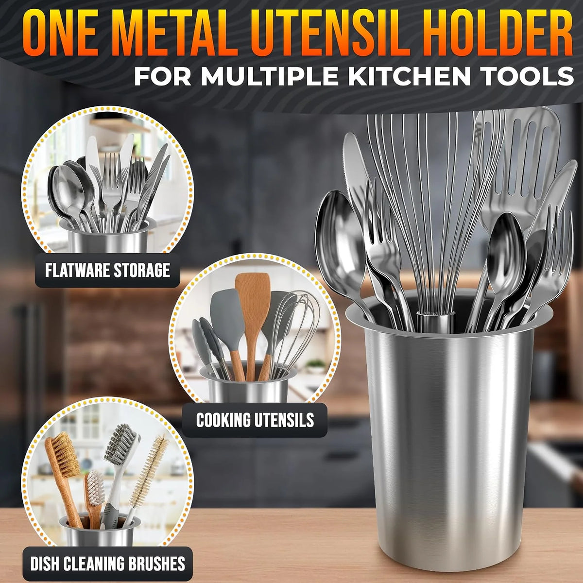 Utensil Holder Set – 3 Piece Stainless Steel Kitchen Canisters – image 5