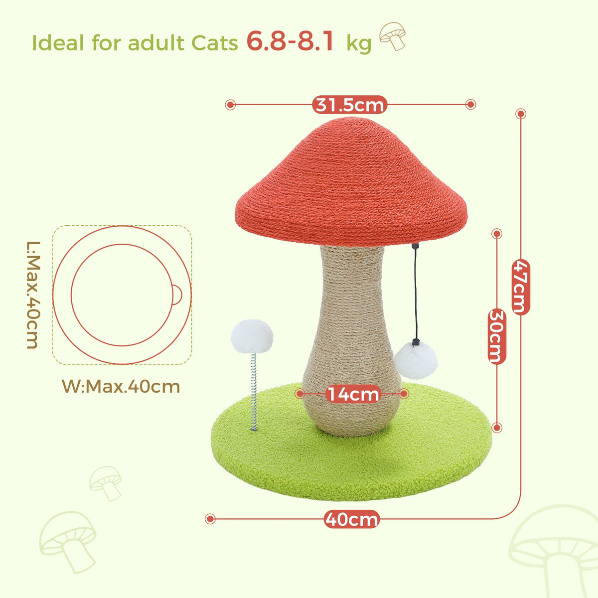 Mushroom Sisal Cat Scratching Post with Pompoms – image 3