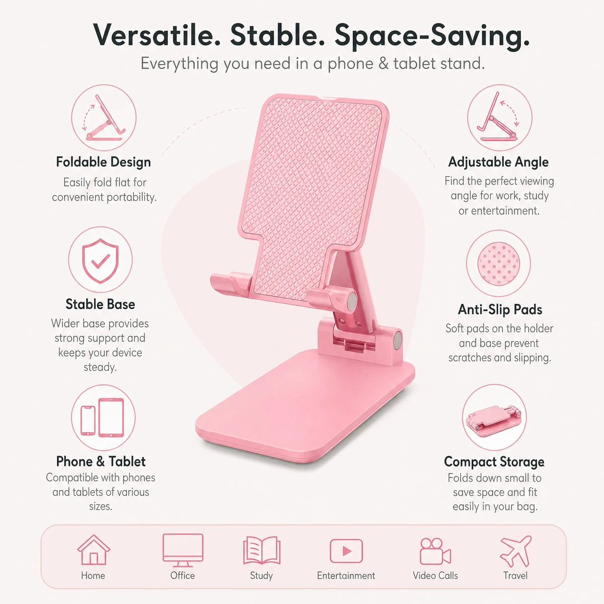 Foldable Tablet Stand, Pink Phone Holder 90-135 Degree Angle – image 12